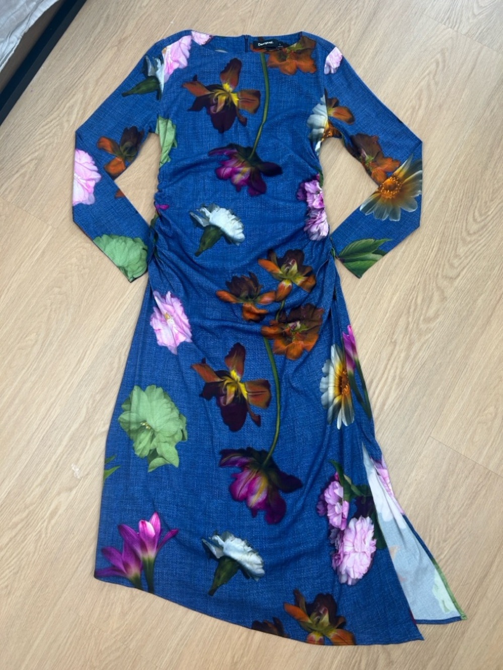 Desigual Floral Print Asymmetrical Ruched Long Sleeve Midi Dress L - Picture 7 of 11